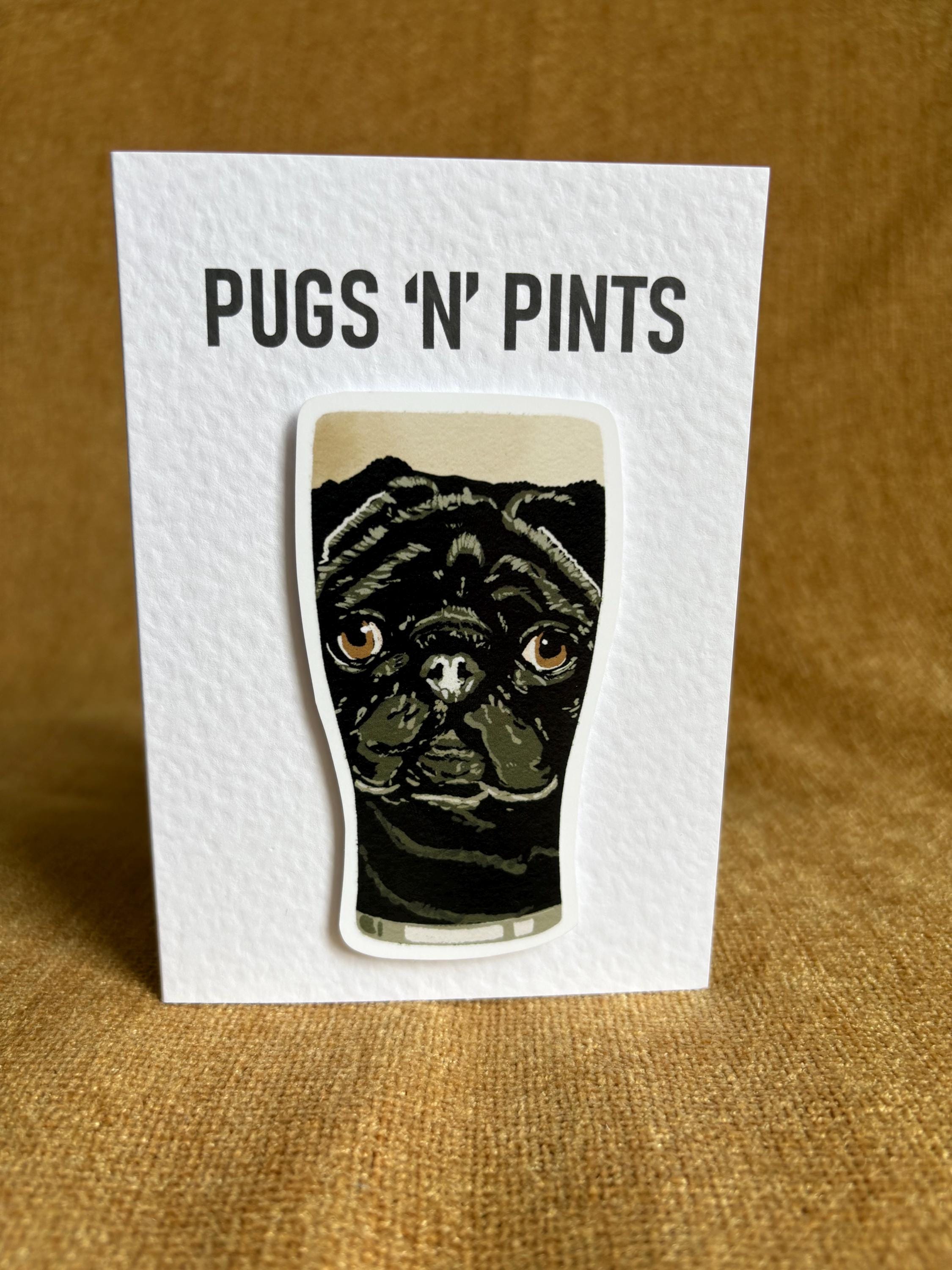 Pugs ‘n’ Pints | black pug, stout | Handcrafted Greeting Card