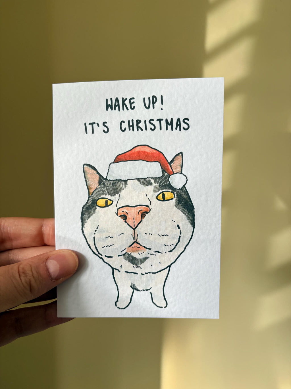 White and Black Cat Funny Christmas Card: Handcrafted A6 Greeting Card