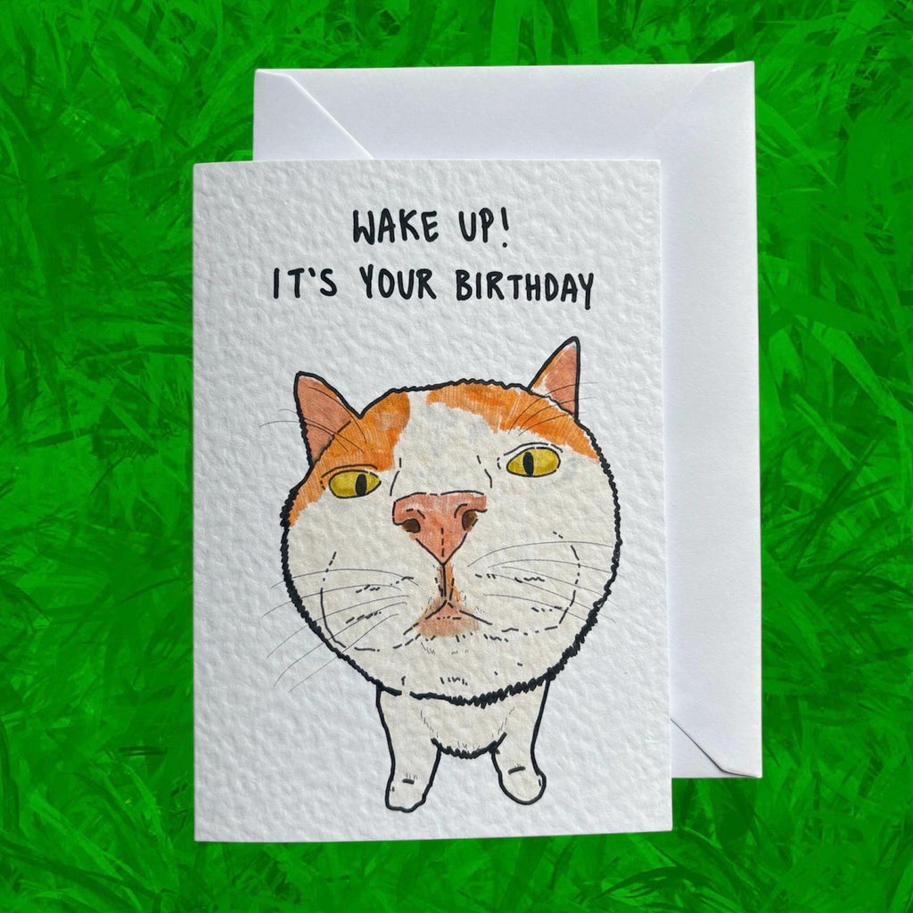 White and Ginger Cat Funny Birthday Card: Handcrafted A6 Greeting Card